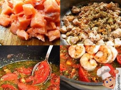 паста с лососем и креветками в томатном соусе
