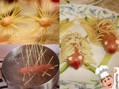 волосатые сосиски, спагетти в сосисках рецепт