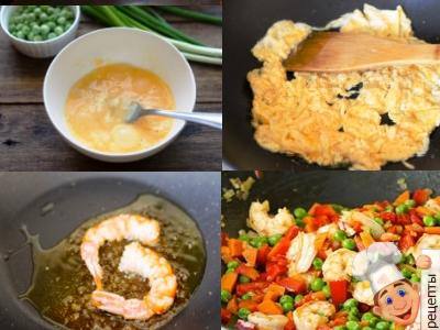 жареный рис с креветками и овощами на сковороде